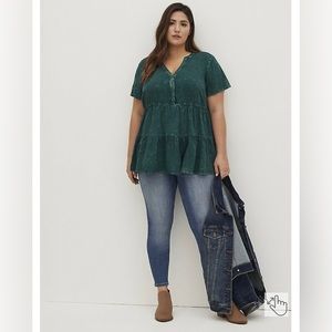 Babydoll Rayon Twill button-front tiered top Torrid
